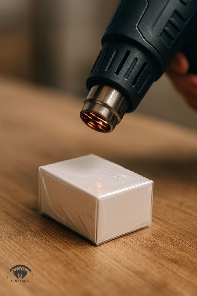 کلوزآپ شیرینگ حرارتی با تفنگ گرمایی روی بسته کوچک