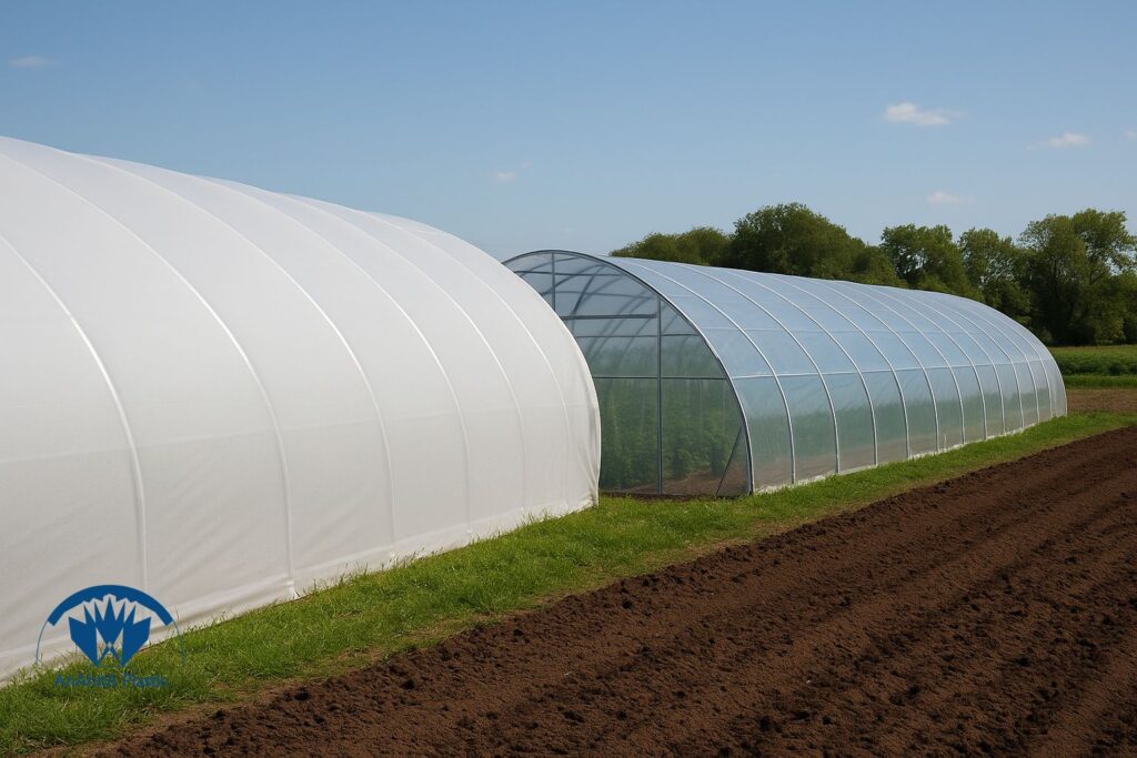 تفاوت رنگ نایلون عریض سفید و شفاف روی گلخانه و تونل کشاورزی