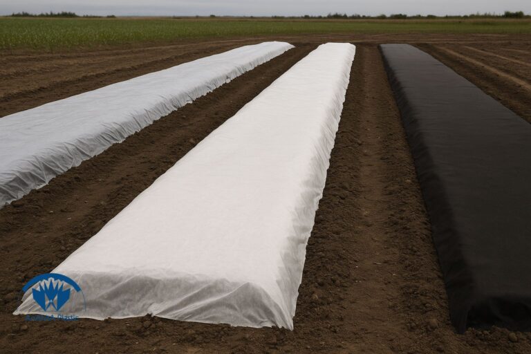 تفاوت رنگ نایلون عریض شفاف، سفید و مشکی در پوشش مزرعه کشاورزی ایران