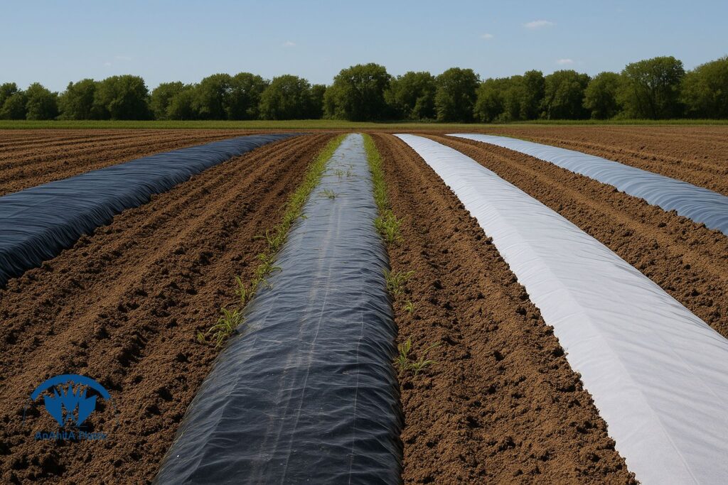 تفاوت رنگ نایلون عریض مشکی، شفاف و دو رنگ روی خاک مزرعه و تاثیر روی علف هرز