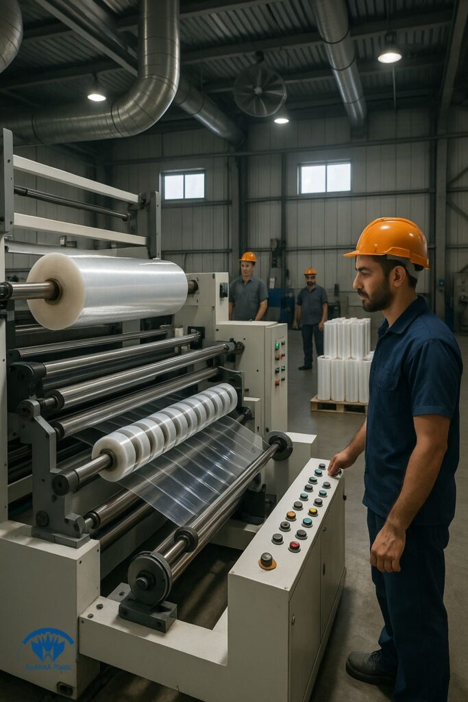 خط اسلیتر ری وایندر برای تبدیل استرچ جامبو به رول های استرچ دستی و ماشینی