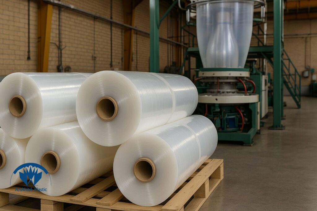رول های نایلون عریض درجه یک روی پالت در سالن تولید با دستگاه اکسترودر و حبابگیر در حال کار
