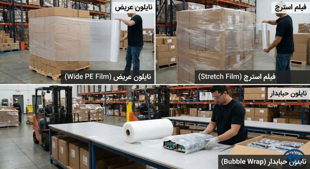 نمونه کاربرد نایلون عریض در کنار فیلم استرچ و نایلون حبابدار در بسته بندی