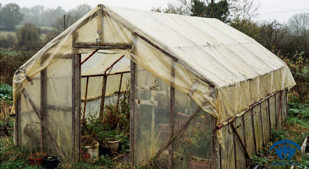 گلخانه قدیمی پوشش داده شده با نایلون عریض تک لایه