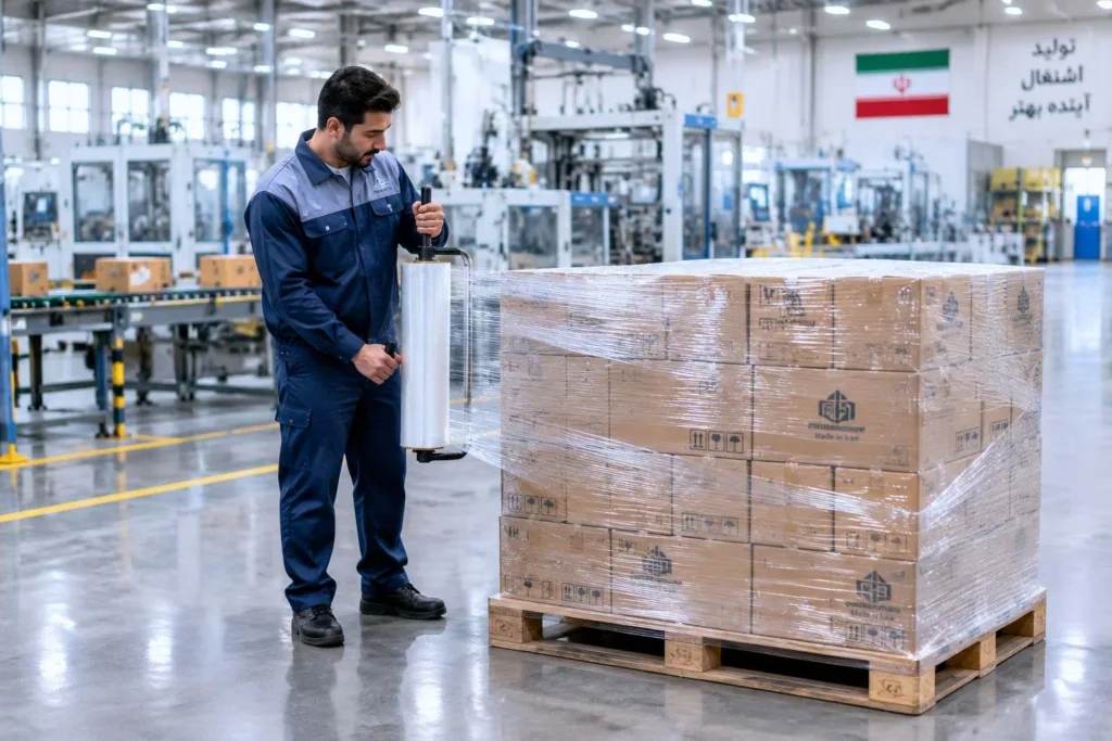 خط تولید و بسته‌بندی پالت با فیلم استرچ ماشینی و دستی در کارخانه تولیدی آناهیتا پلاستیک