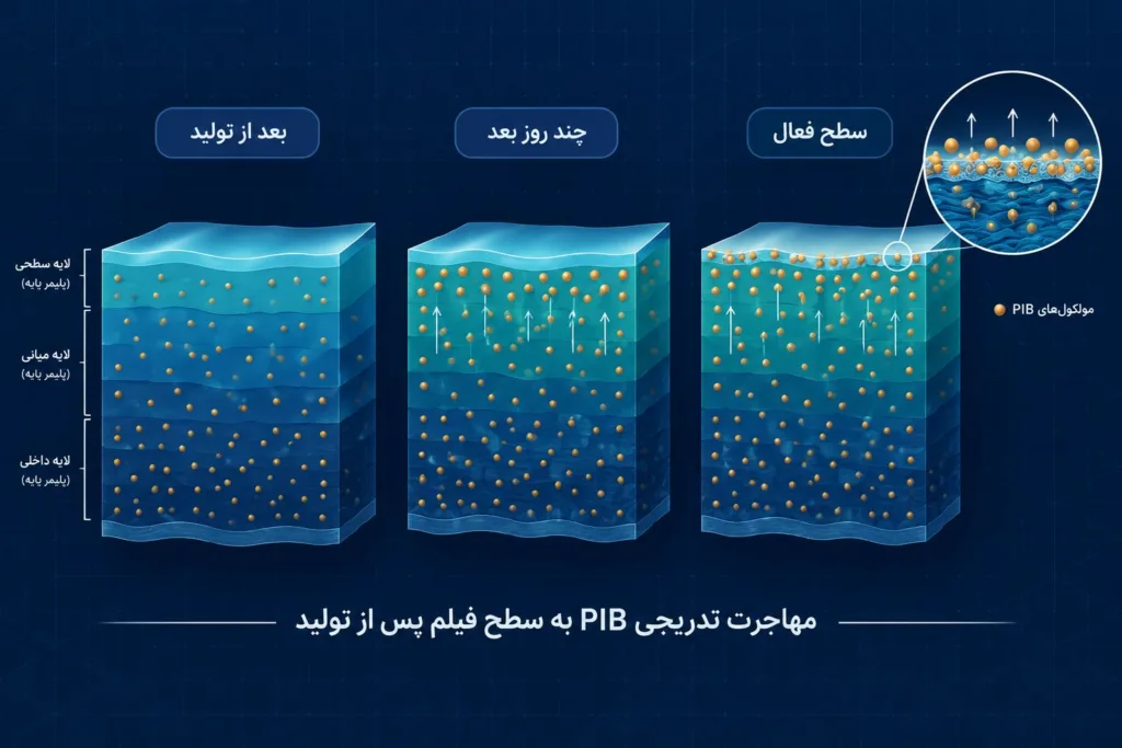 دیاگرام مهاجرت تدریجی مولکول‌های چسب استرچ PIB از داخل به سطح استرچ در طول زمان پس از تولید