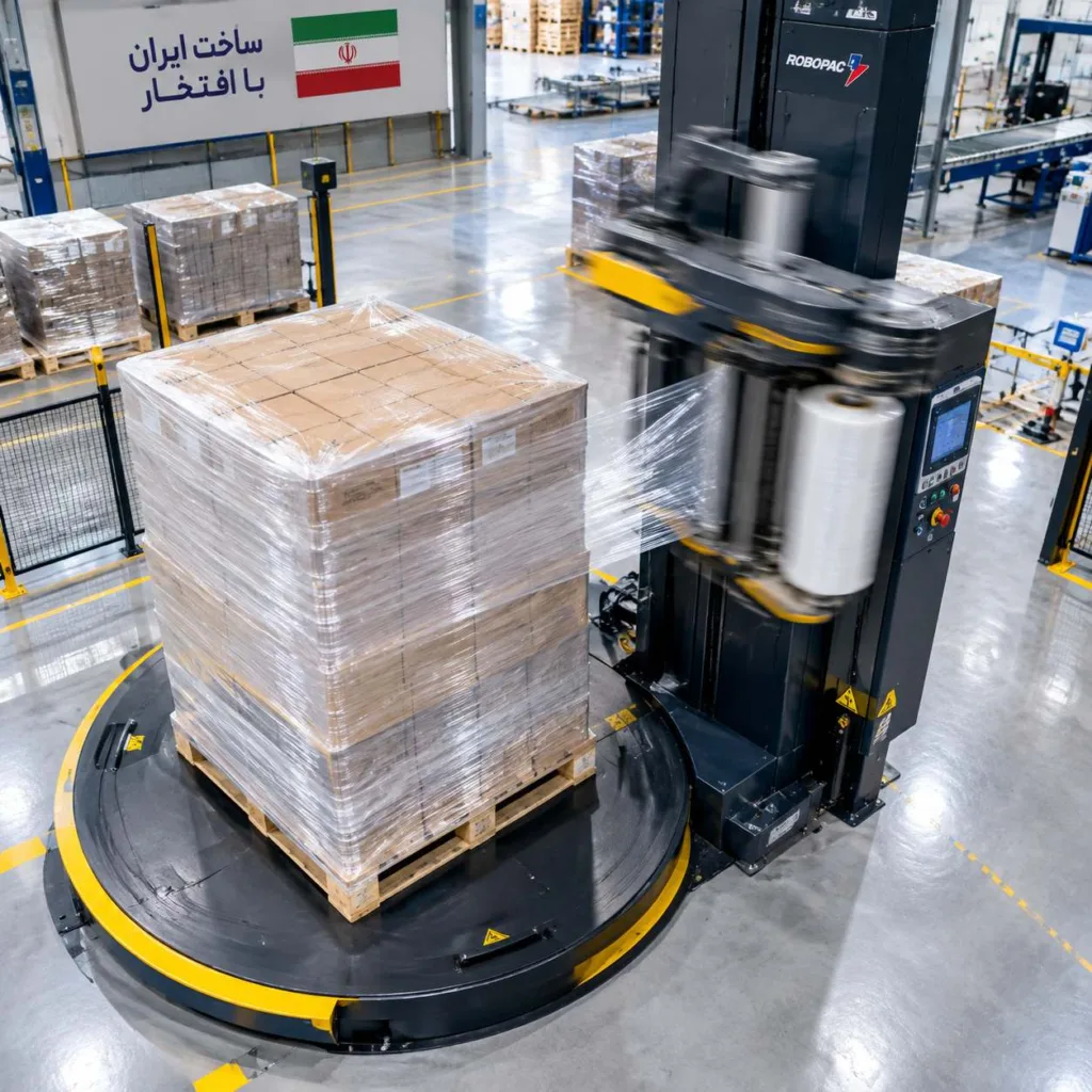 عملیات بسته‌بندی اتوماتیک پالت با دستگاه پالت‌پیچ صنعتی در محیط مدرن کارخانه
