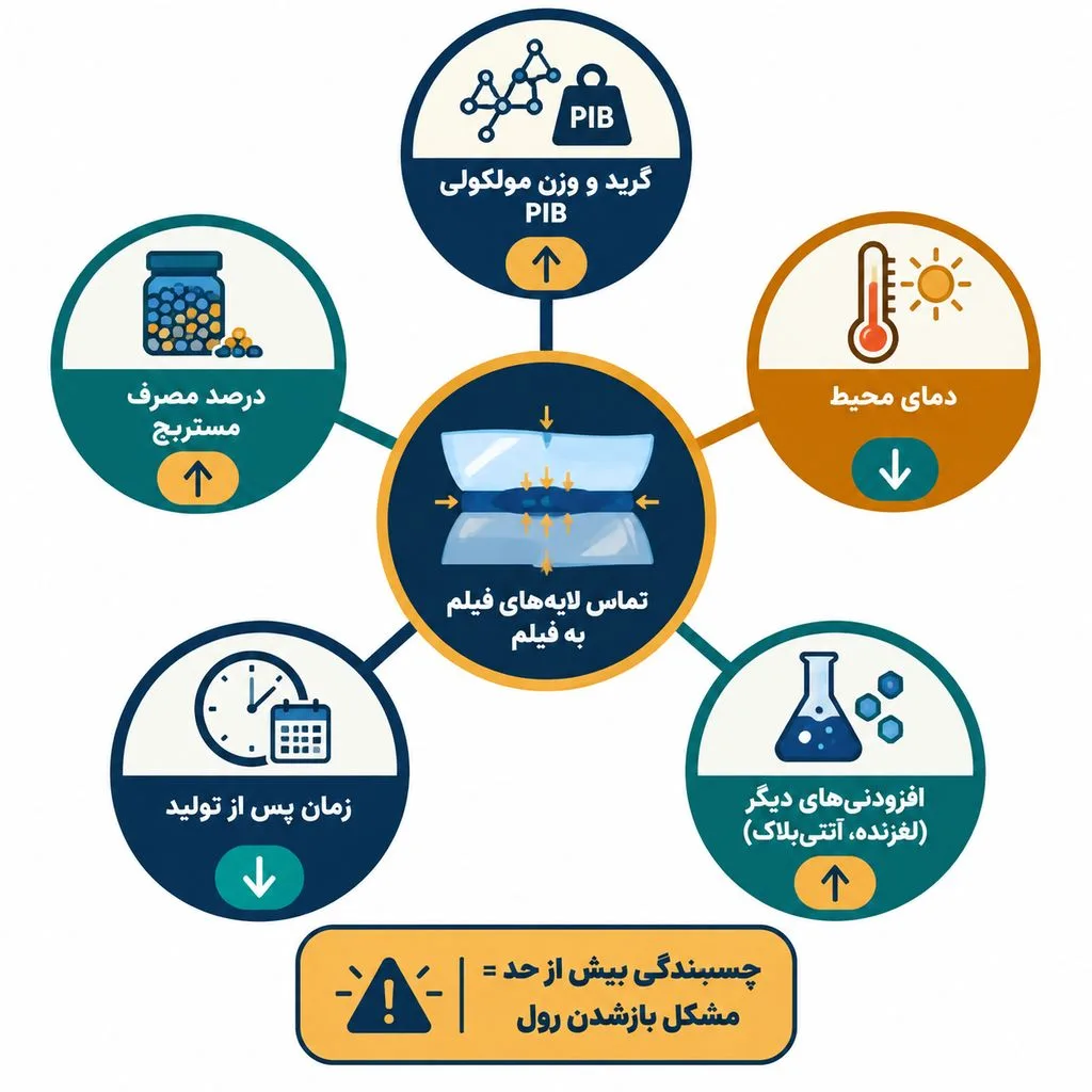 نمودار عوامل مؤثر بر چسبندگی فیلم استرچ شامل گرید چسب استرچ PIB ، درصد مستربچ، دما و زمان