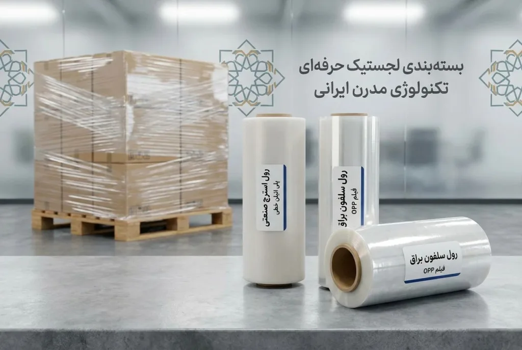 تفاوت سلفون و استرچ فیلم با نشان دادن هر رول و یک پالت استرچ پیچ شده